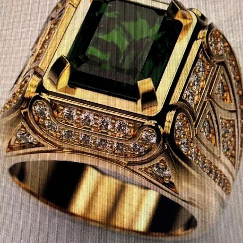MENS GOLD PLATED GREEN STONE RING - Picture 9 of 13